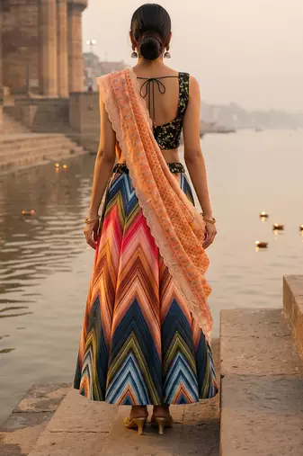 multicolor satin lehenga with embroidered dupatta