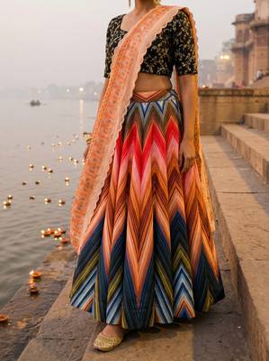 multicolor satin lehenga with embroidered dupatta 4