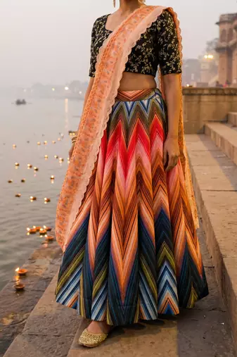 multicolor satin lehenga with embroidered dupatta