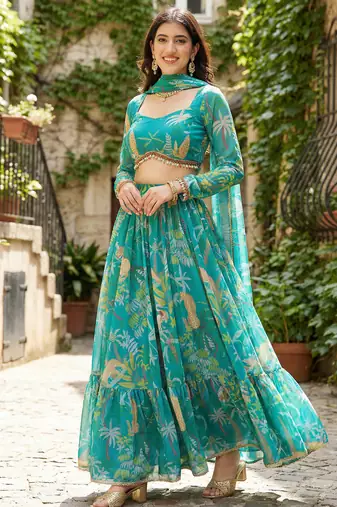 teal georgette printed lehenga choli