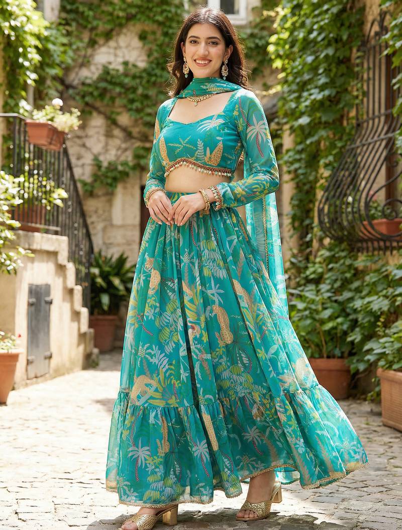 teal georgette printed lehenga choli