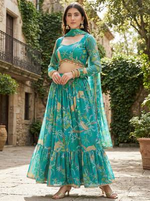 teal georgette printed lehenga choli 2