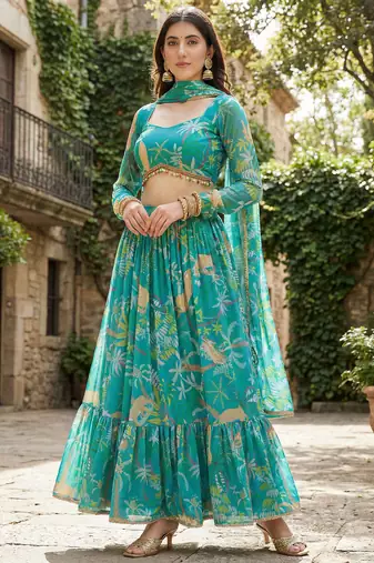 teal georgette printed lehenga choli