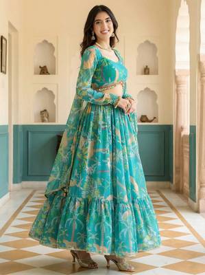 teal georgette printed lehenga choli 3
