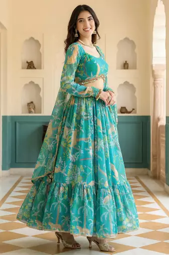 teal georgette printed lehenga choli