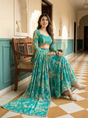 teal georgette printed lehenga choli 4