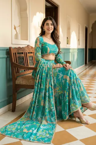 teal georgette printed lehenga choli