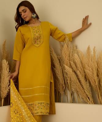 Yellow women kurta pant dupatta set 1
