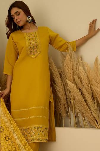 Yellow women kurta pant dupatta set