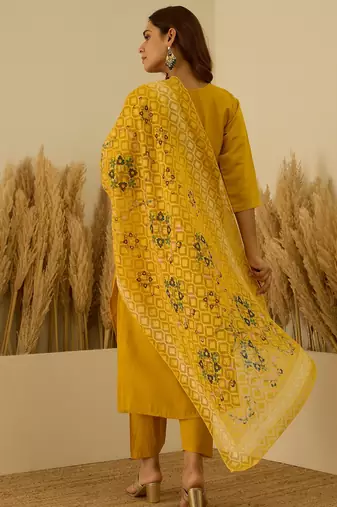 Yellow women kurta pant dupatta set