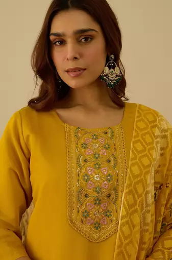 Yellow women kurta pant dupatta set