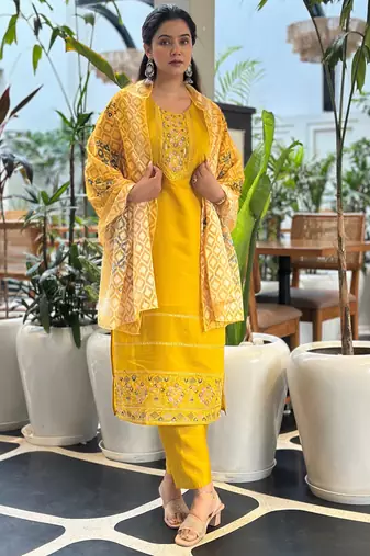 Yellow women kurta pant dupatta set