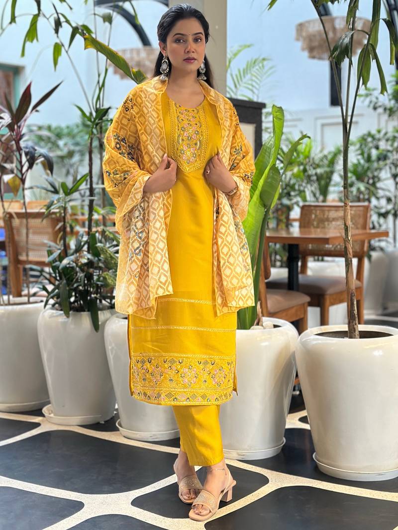 Yellow women kurta pant dupatta set