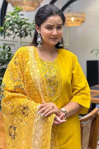 Yellow women kurta pant dupatta set
