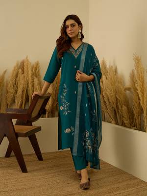 Teal women kurta pant dupatta set 1