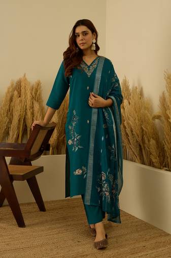 Teal women kurta pant dupatta set
