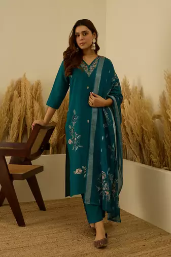 Teal women kurta pant dupatta set