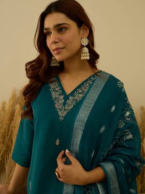 Teal women kurta pant dupatta set 3