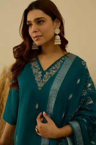 Teal women kurta pant dupatta set