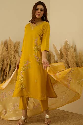 Yellow women kurta pant dupatta set