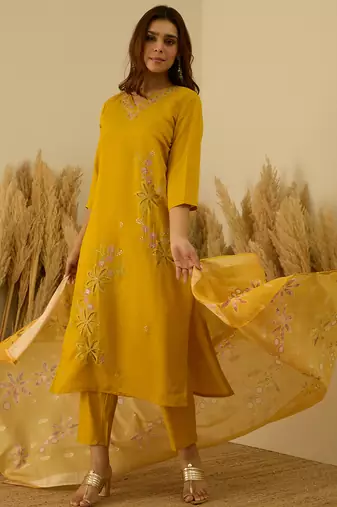 Yellow women kurta pant dupatta set