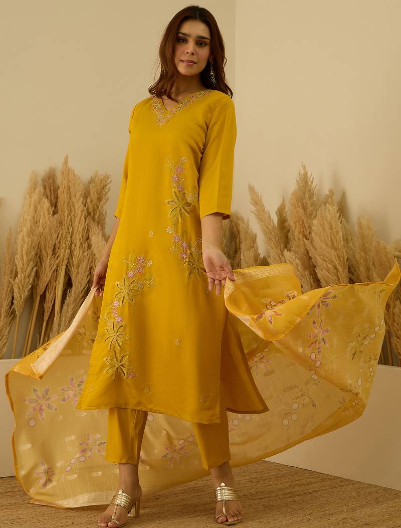Yellow women kurta pant dupatta set