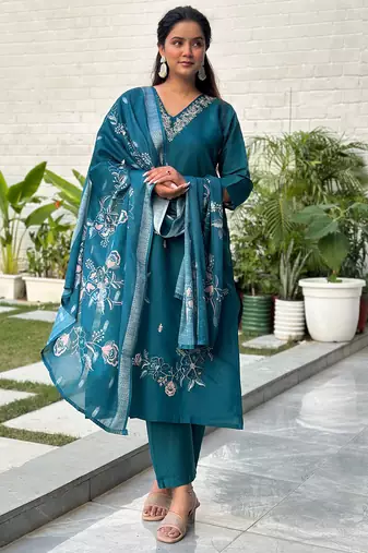 Teal women kurta pant dupatta set