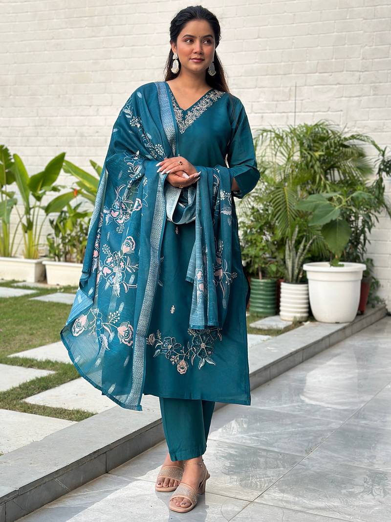 Teal women kurta pant dupatta set
