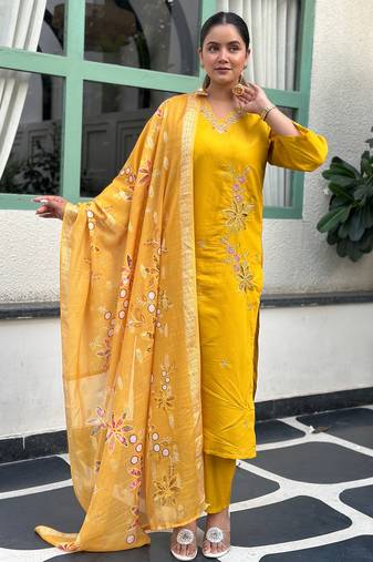 Yellow women kurta pant dupatta set