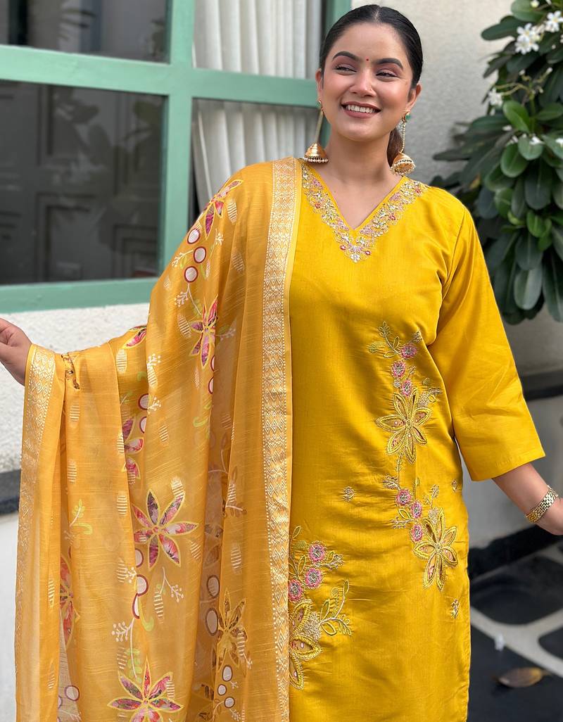 Yellow women kurta pant dupatta set