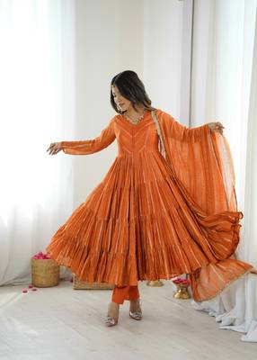 Orange Color Mal Chanderi Hand Embroidery Work Gown 1