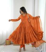 Orange Color Mal Chanderi Hand Embroidery Work Gown