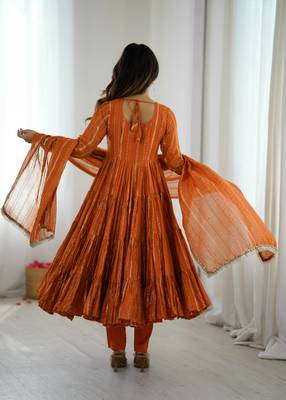 Orange Color Mal Chanderi Hand Embroidery Work Gown 2