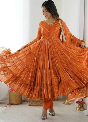 Orange Color Mal Chanderi Hand Embroidery Work Gown 3