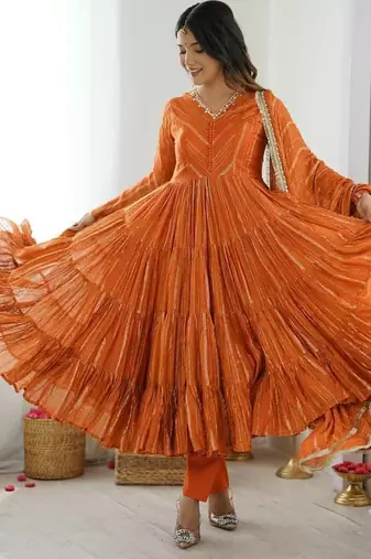 Orange Color Mal Chanderi Hand Embroidery Work Gown