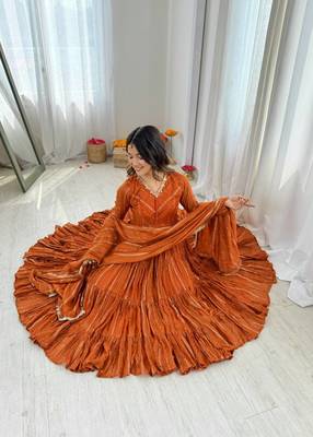 Orange Color Mal Chanderi Hand Embroidery Work Gown 4