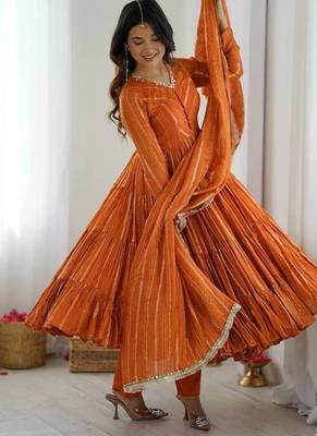 Orange Color Mal Chanderi Hand Embroidery Work Gown 5