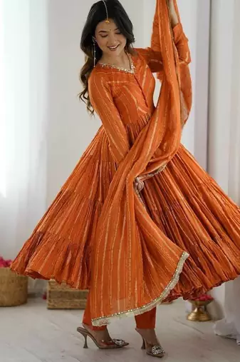 Orange Color Mal Chanderi Hand Embroidery Work Gown
