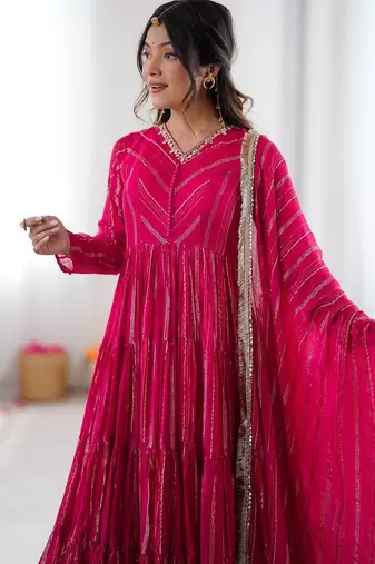 Rani Color Mal Chanderi Hand Embroidery Work Gown