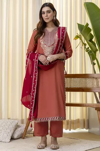 Peach women kurta pant dupatta set