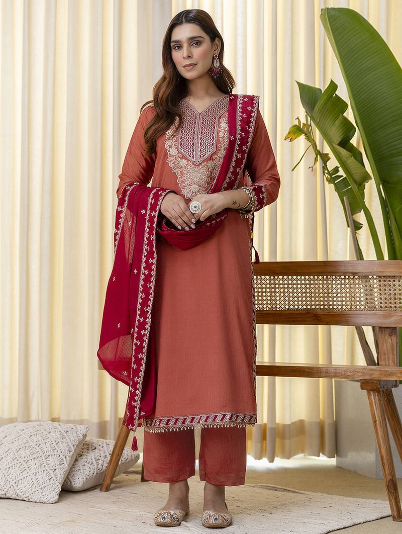 Peach women kurta pant dupatta set