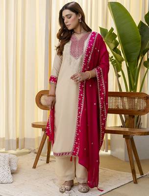 Cream women kurta pant dupatta set 1