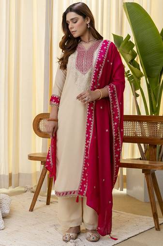 Cream women kurta pant dupatta set