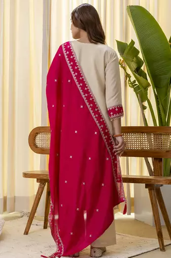 Cream women kurta pant dupatta set