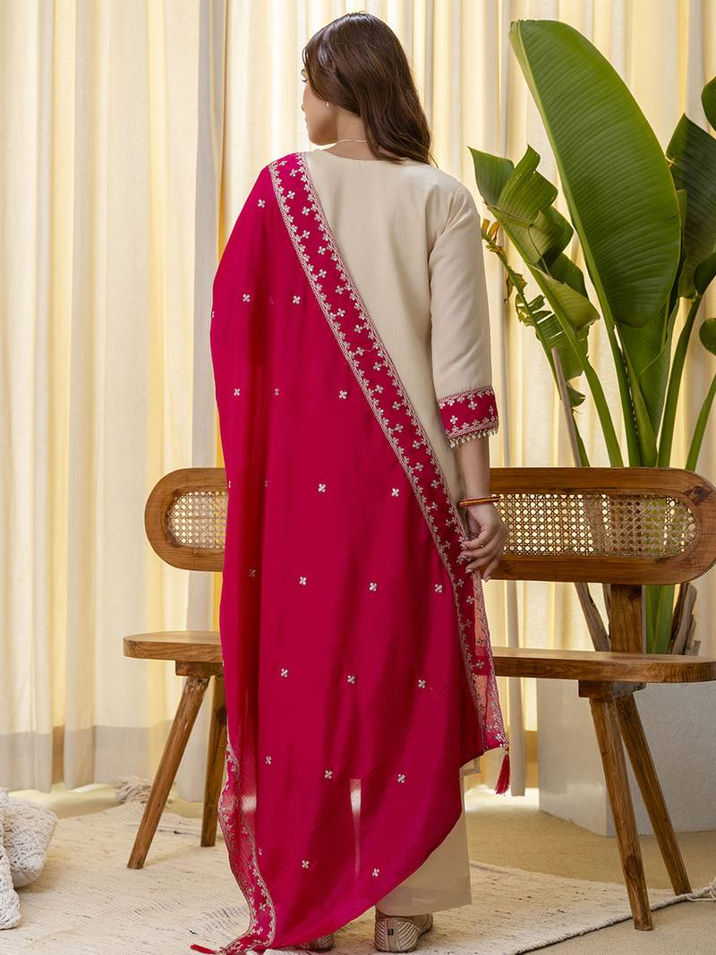 Cream women kurta pant dupatta set