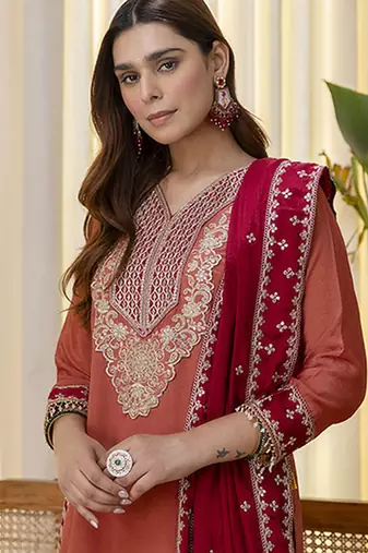Peach women kurta pant dupatta set