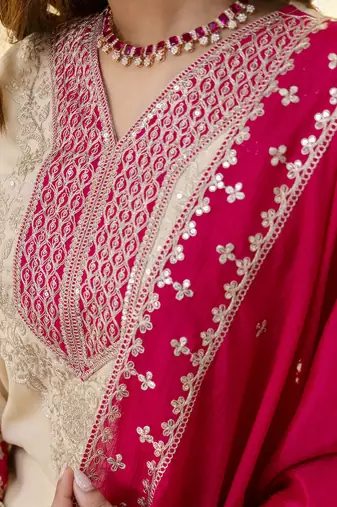 Cream women kurta pant dupatta set