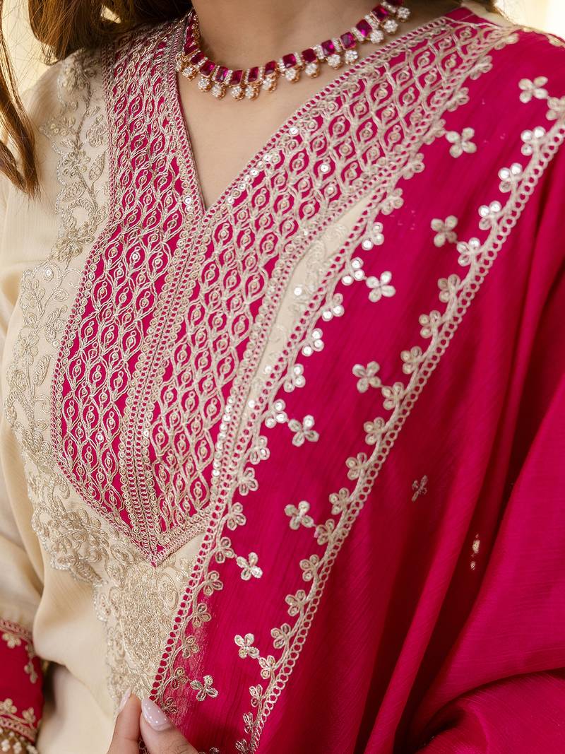 Cream women kurta pant dupatta set