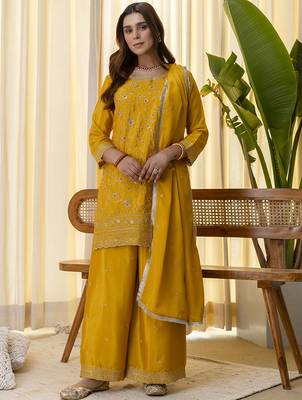 Mustard women kurta palazzo dupatta set 1