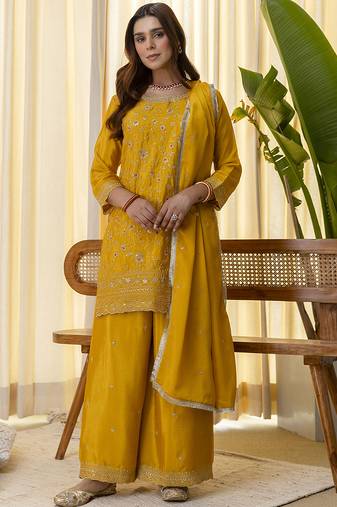 Mustard women kurta palazzo dupatta set